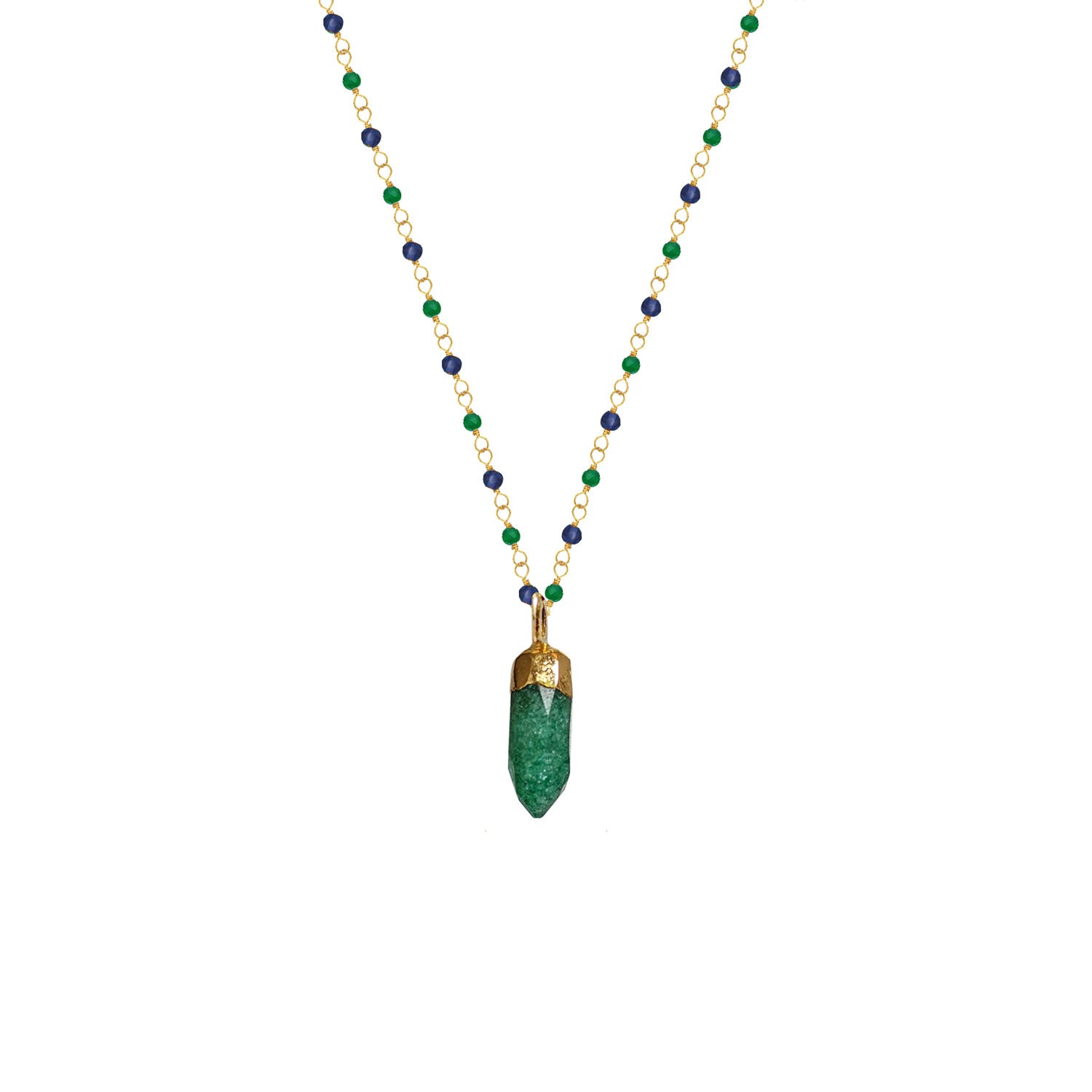 Jade mini point pendant on Emerald and Sapphire Rosary