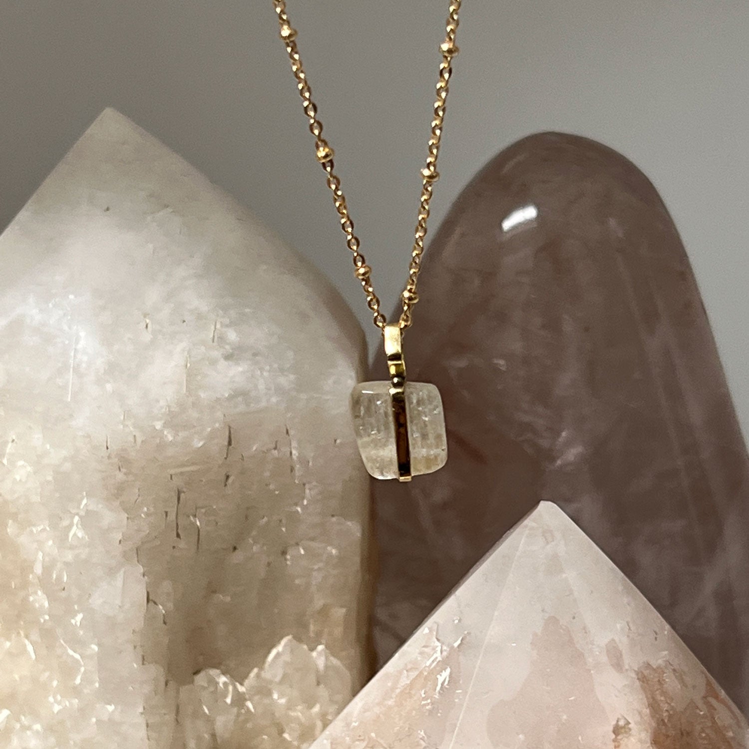 Unique Milky Kunzite Pendant On Long Satellite Chain