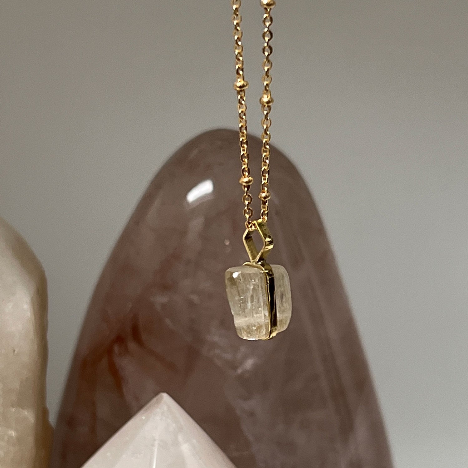 Unique Milky Kunzite Pendant On Long Satellite Chain