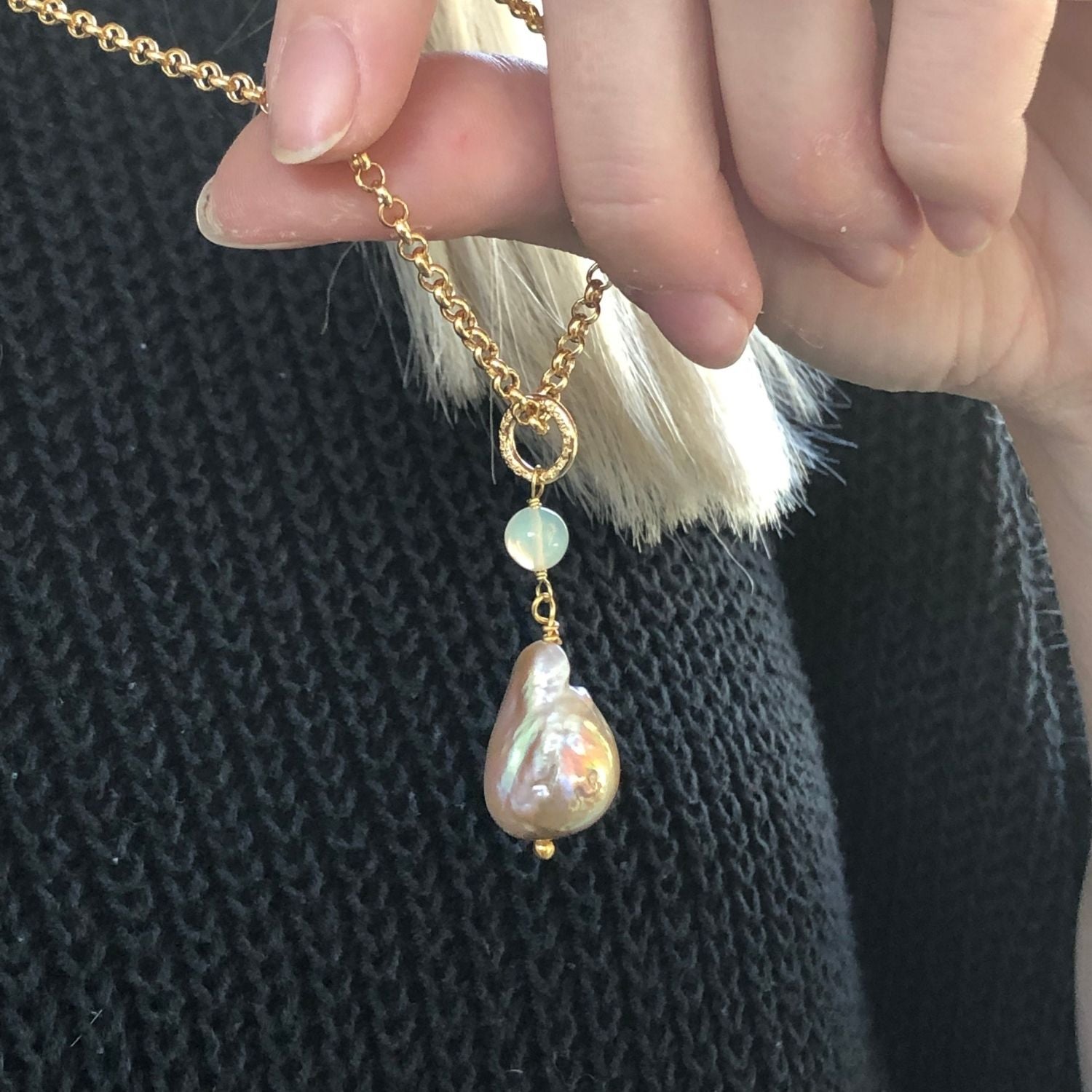 Unique Large Baroque Freeform Pearl with Opal on Belcher chain