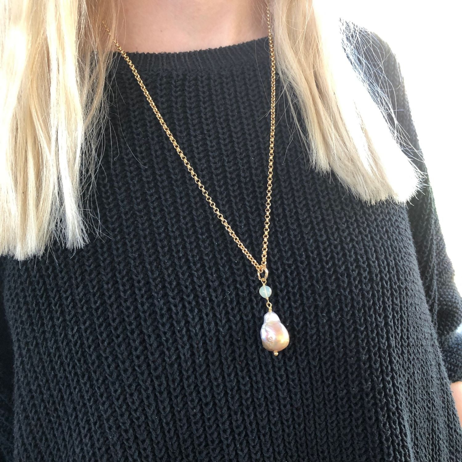 Unique Large Baroque Freeform Pearl with Opal on Belcher chain