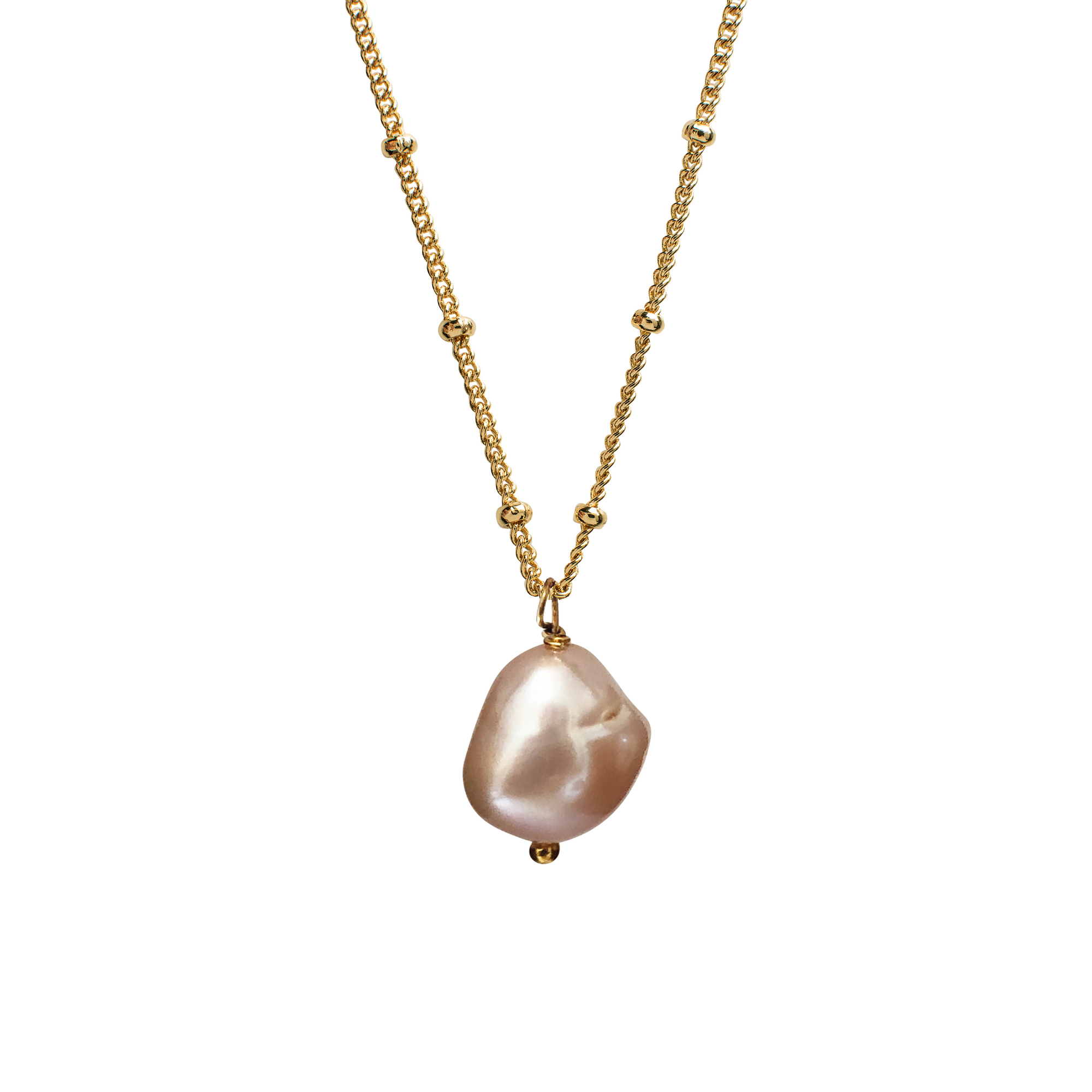A large baroque pink pearl pendant attached to a gold-plated chain with a bead-like texture.