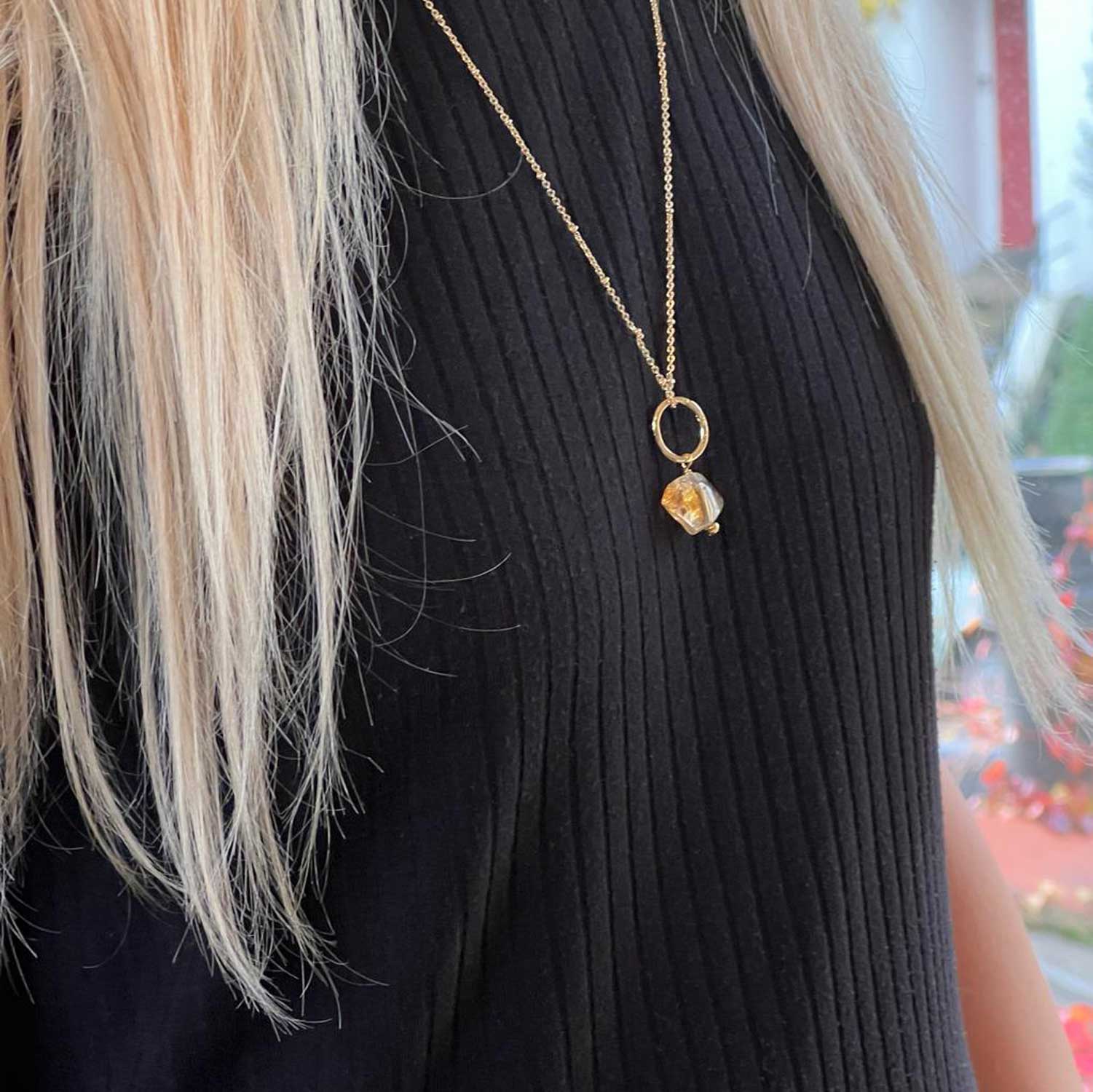 Lottie Freeform Citrine Pendant on Long Satellite Chain