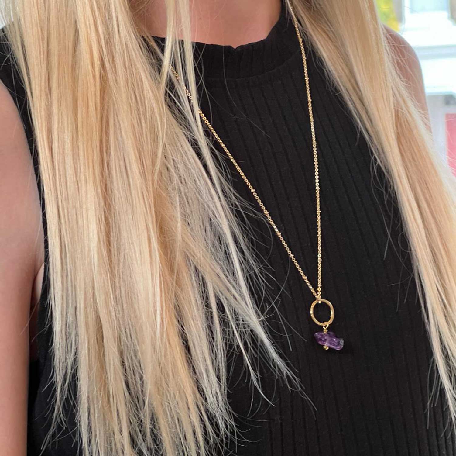 Lottie Freeform Amethyst Pendant on Long Satellite Chain
