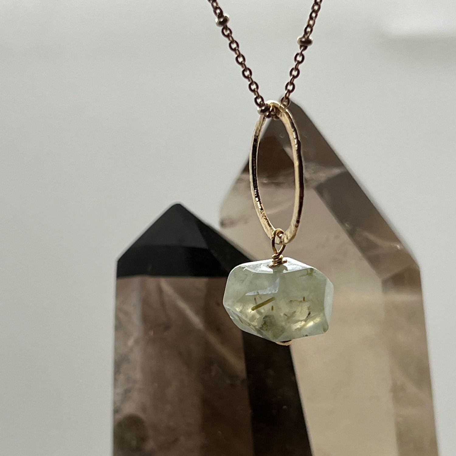 Margaret Freeform Prehnite Pendant on Long Satellite Chain