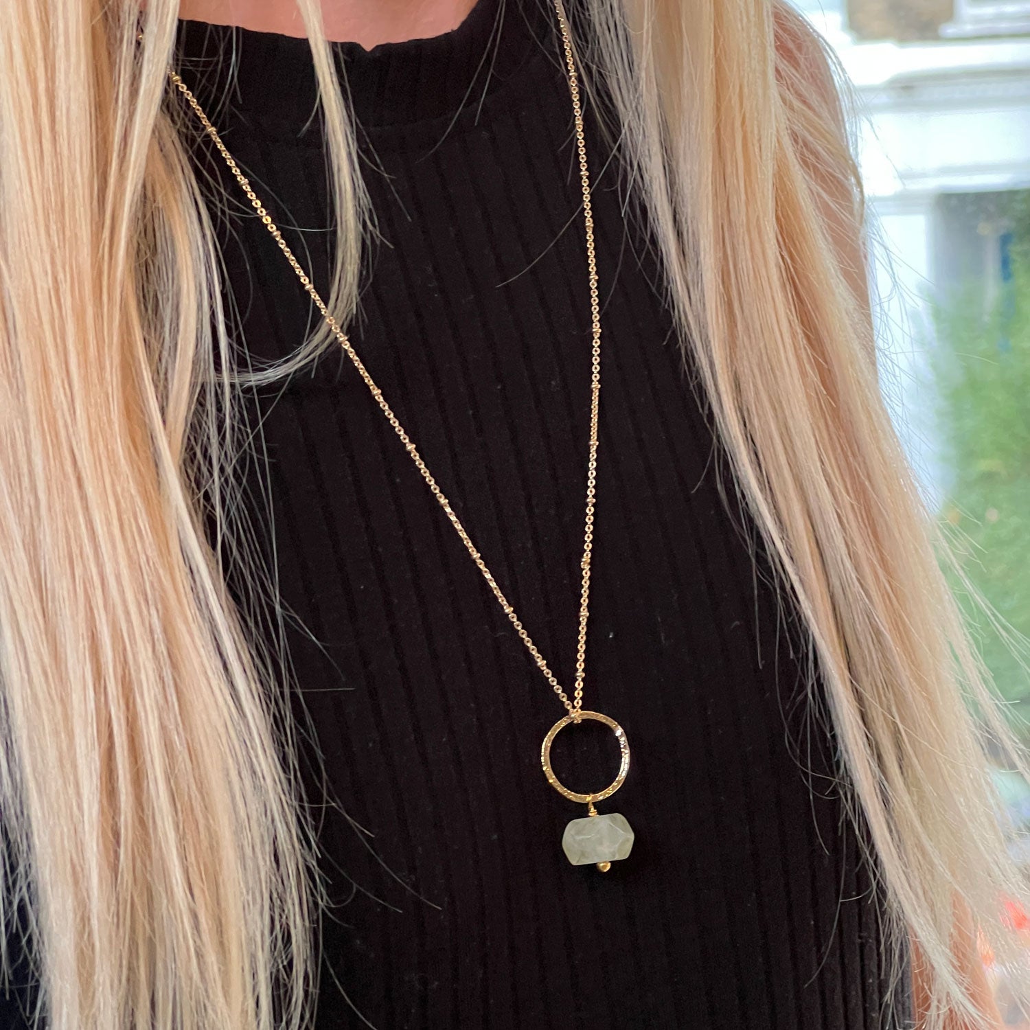 Margaret Freeform Prehnite Pendant on Long Satellite Chain