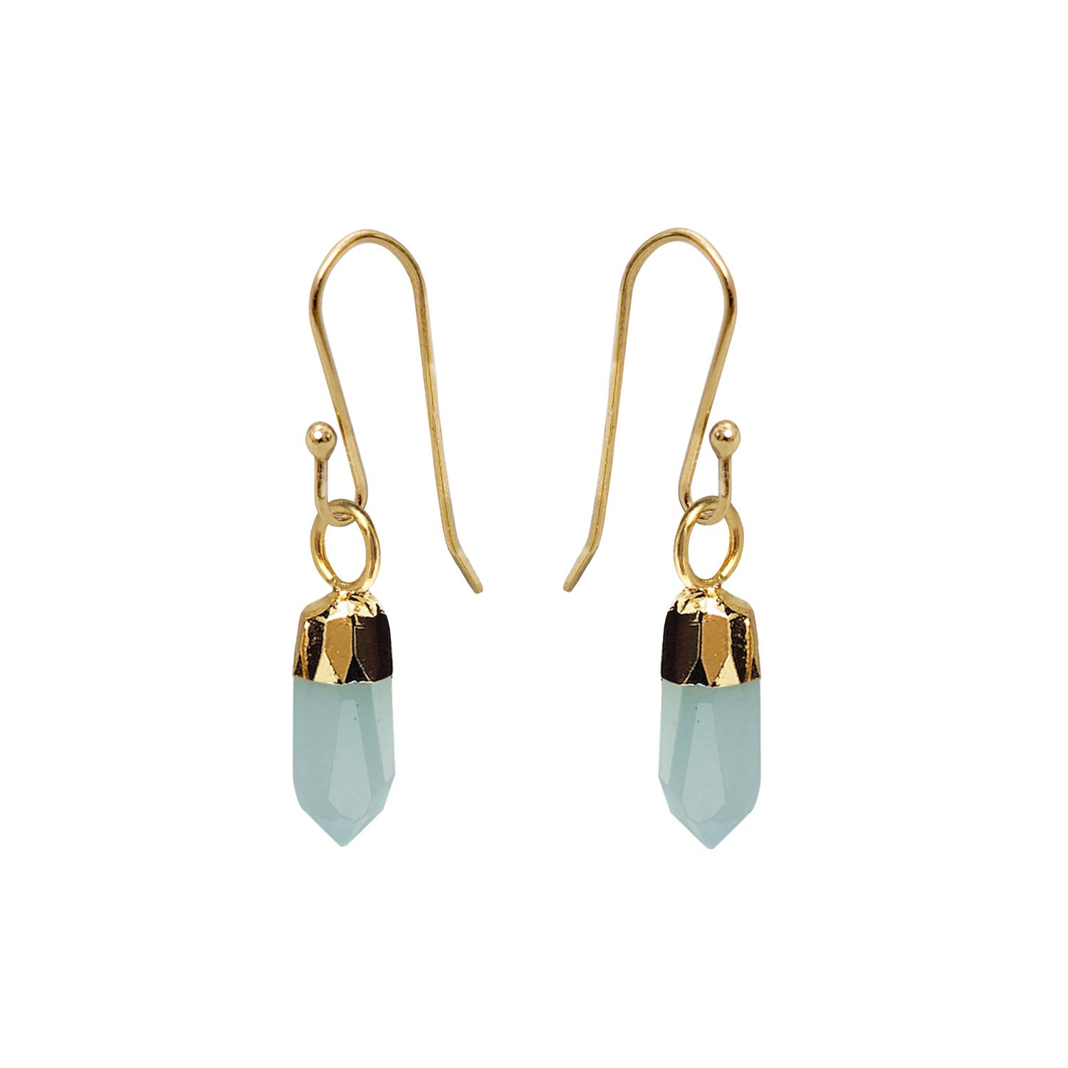 Aqua chalcedony crystal earrings in a mini point design. 22ct gold-plated with sterling silver hooks.