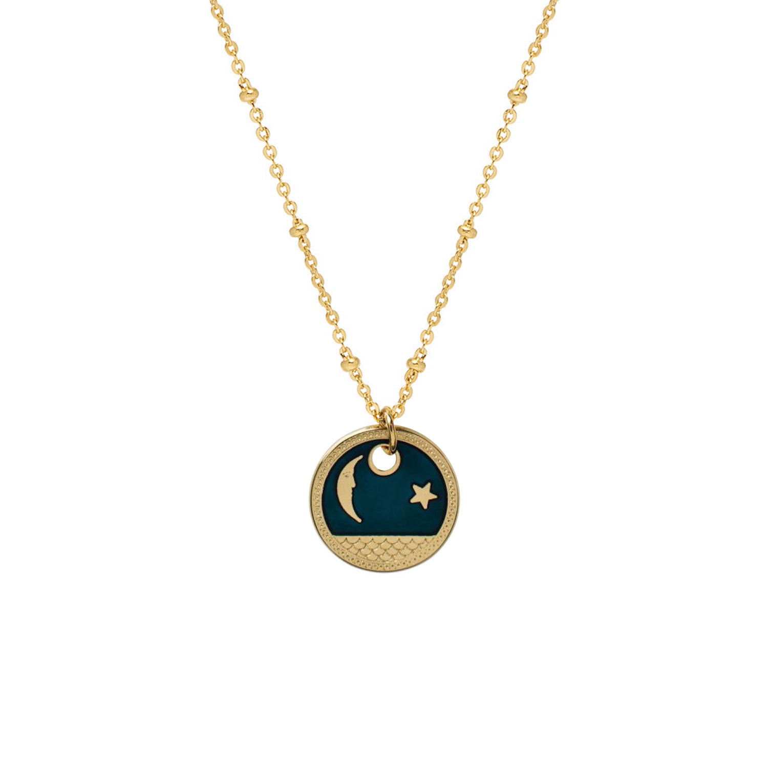 A royal blue enamel and gold-plated pendant, depicting the moon and a star, on a gold-plated chain
