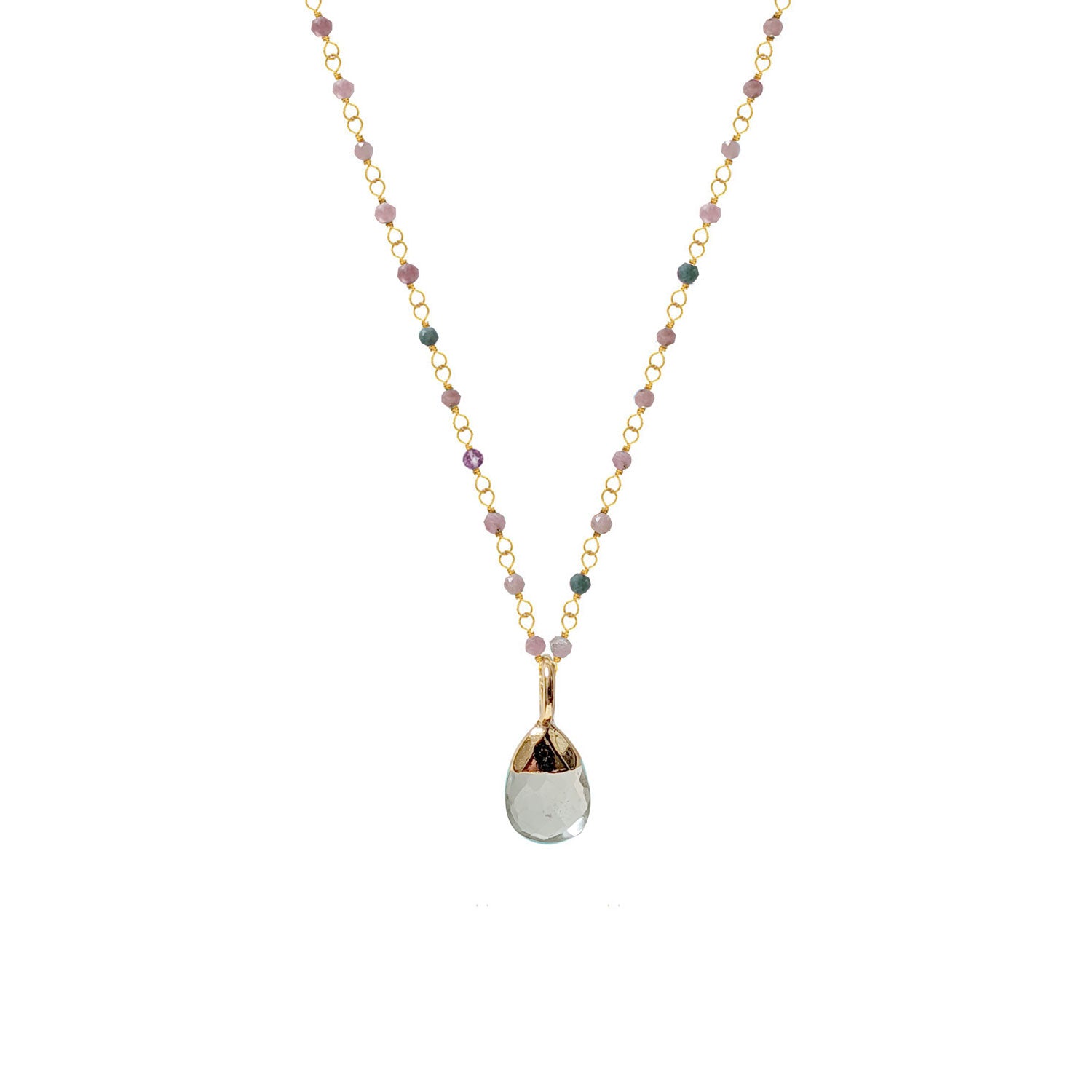Multi Tourmaline Pastel Long Rosary with Green Amethyst Briolette
