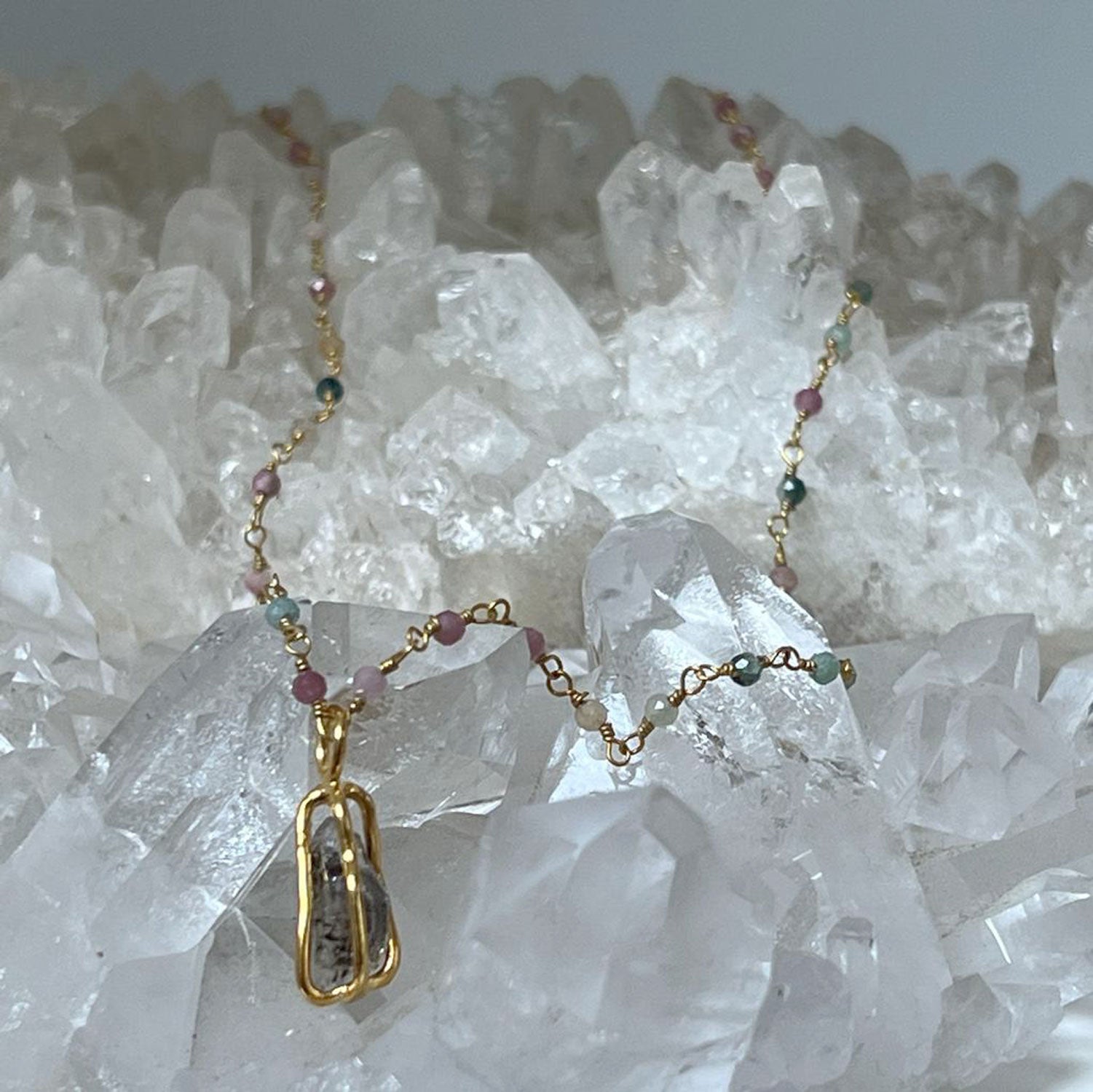 Multi Tourmaline Pastel Long Rosary with raw Herkimer Diamond in cage