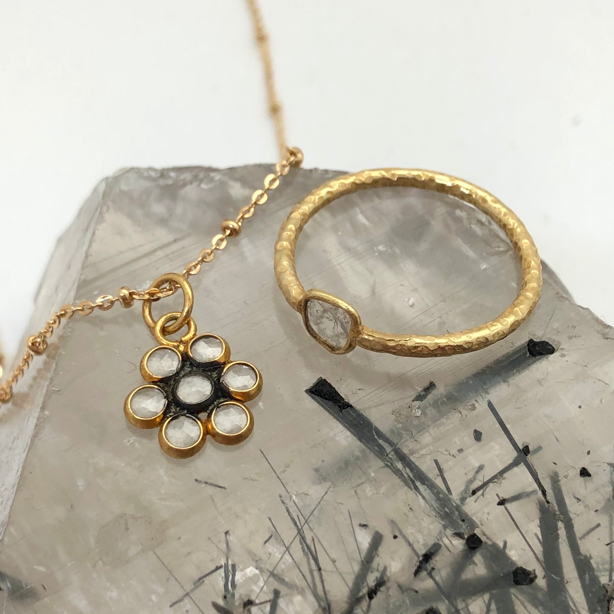 Polki Diamond Flower Pendant on a gold-plated satellite chain with a matching bangle