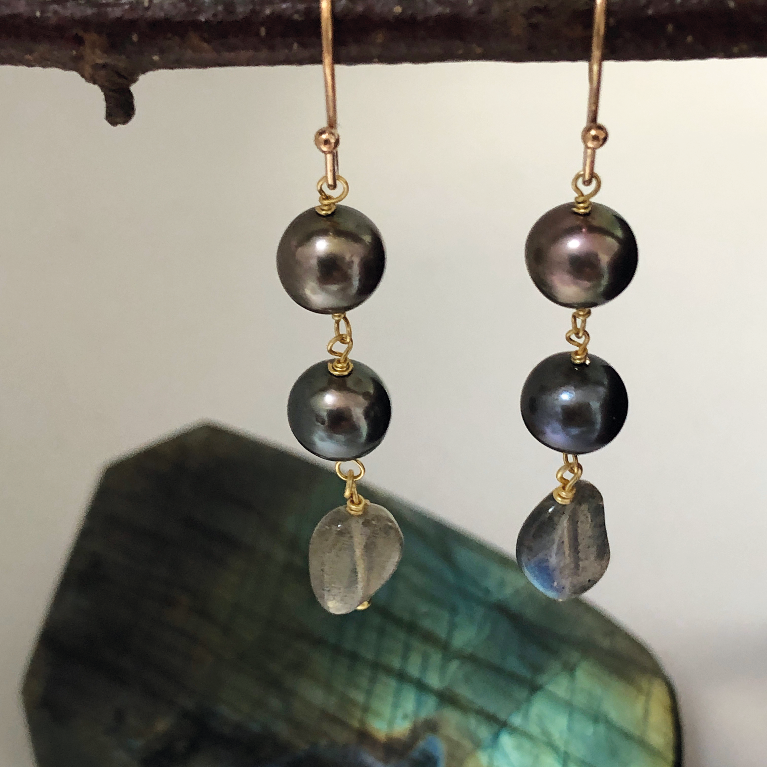 Peacock Pearl & Freeform Labradorite Earrings