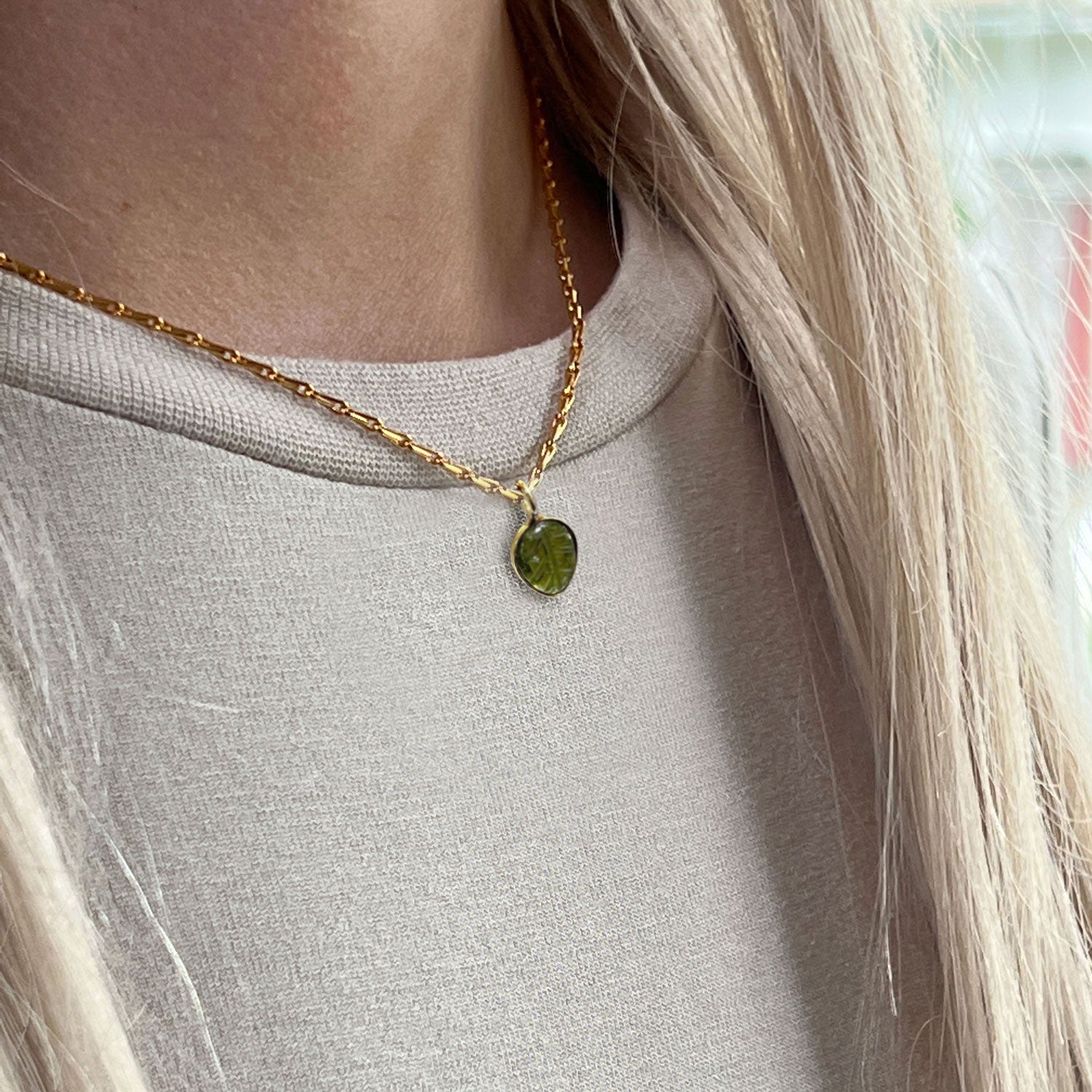 Peridot Carved Leaf Pendant on mini torsade chain