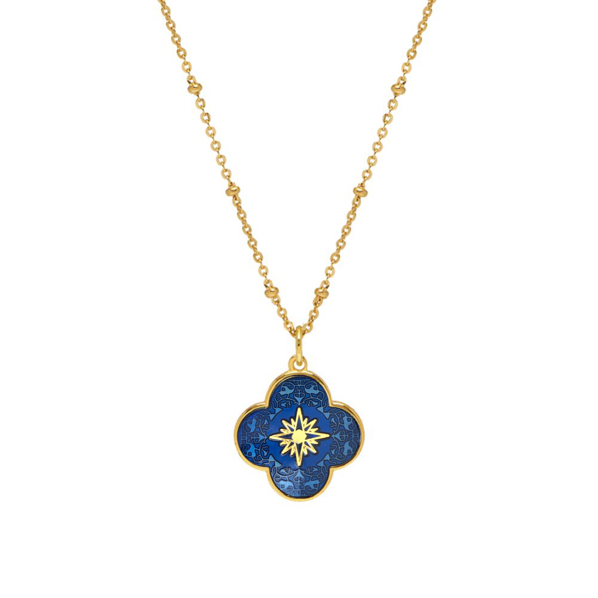 Gold Plated Rosary Necklace with an enamel Petal Star Cross Medal