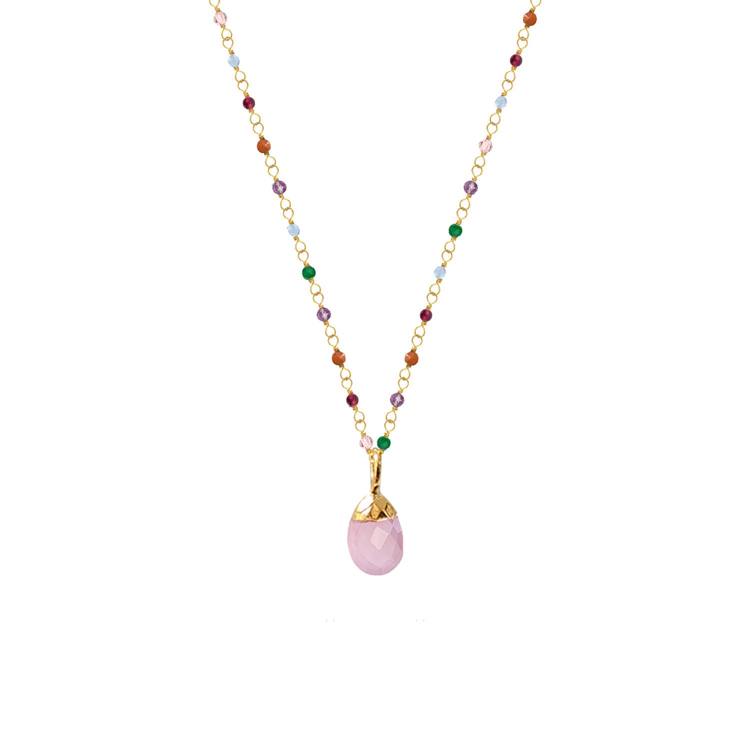 Pink Chalcedony Briolette on Light multi rosary
