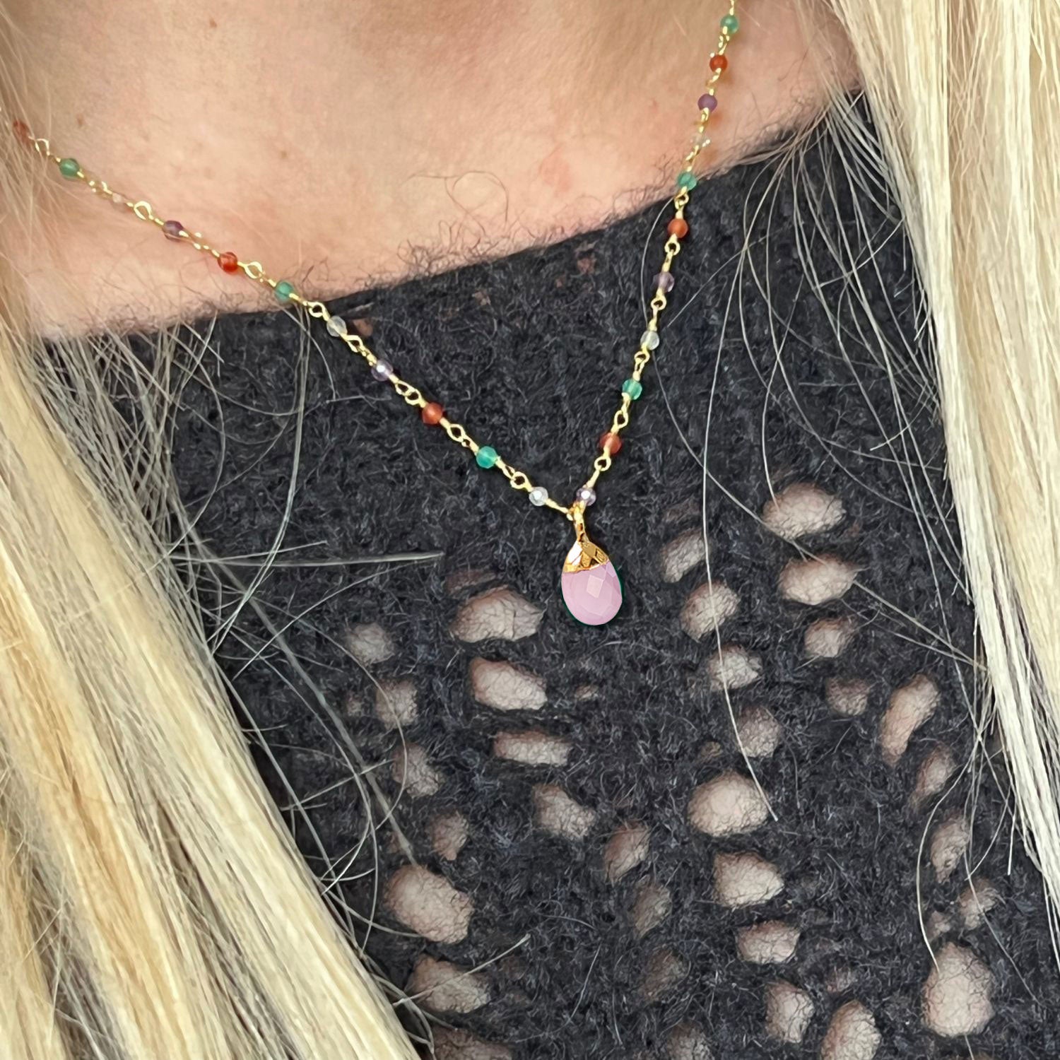 Pink Chalcedony Briolette on Light multi rosary