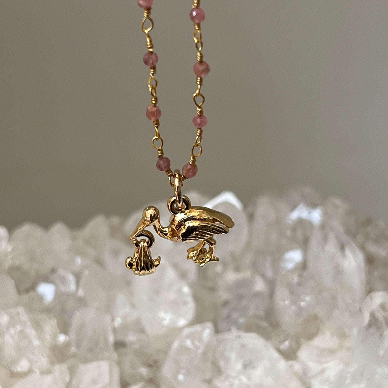 Pink Tourmaline Rosary with Stork & Baby Charm