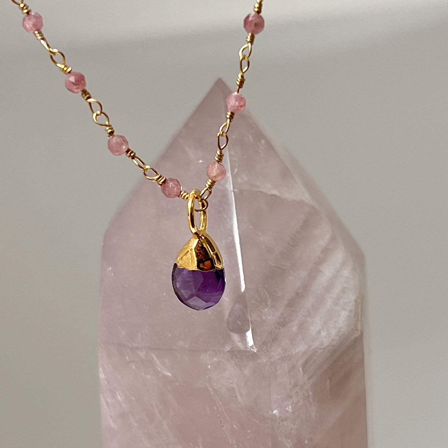 Pink Tourmaline Rosary short with Amethyst Briolette