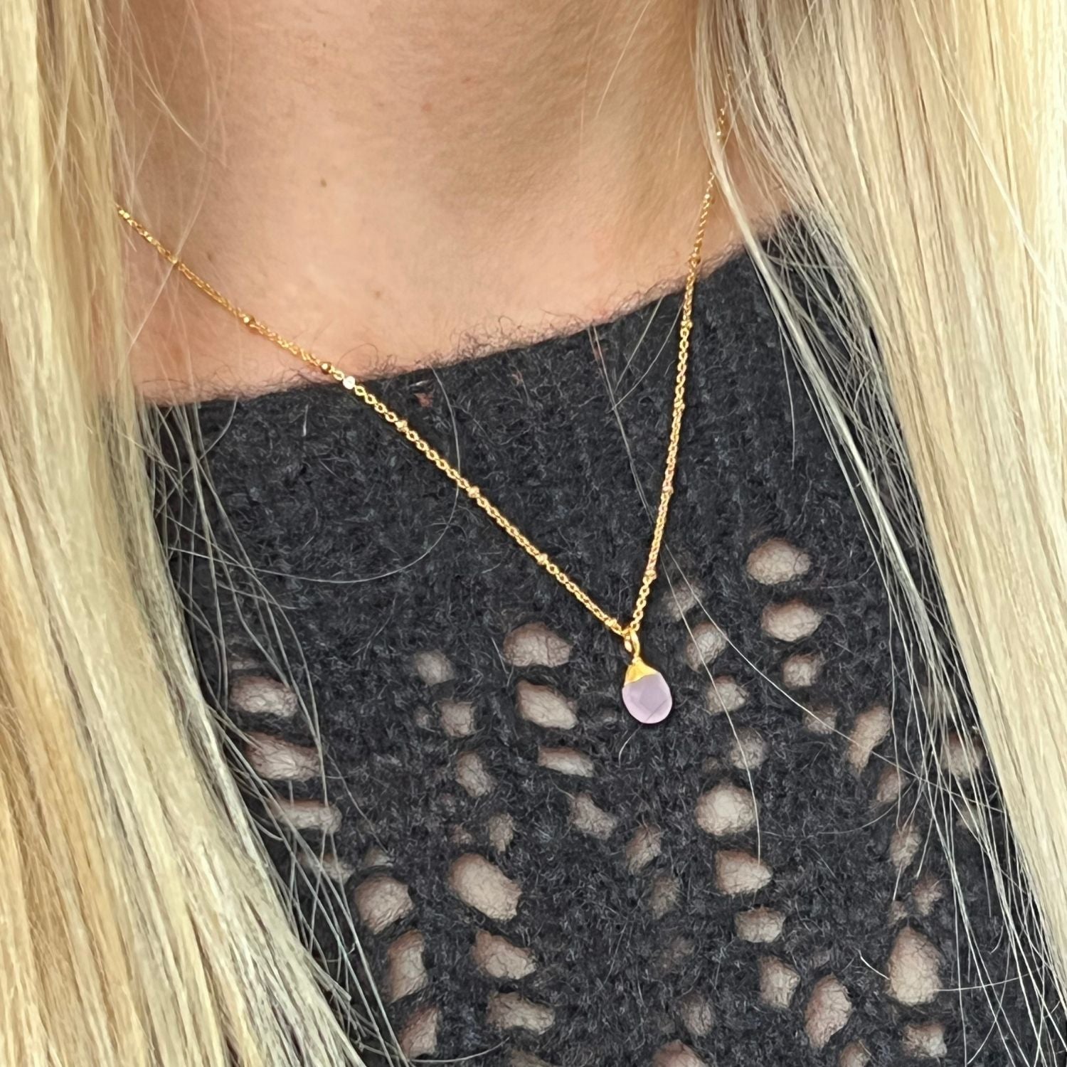 Pink Chalcedony Briolette Pendant on Satellite chain