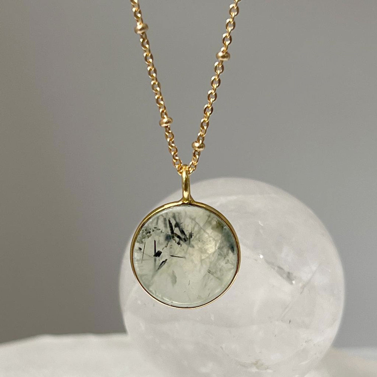 Prehnite Coin Pendant on long Satellite chain