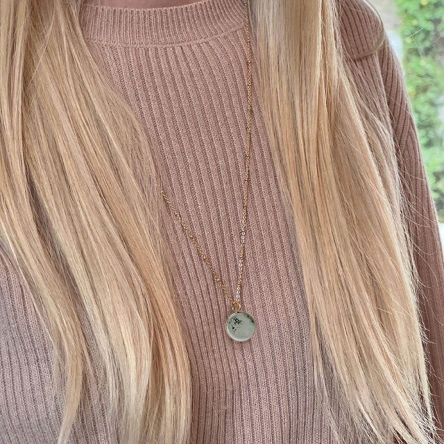 Prehnite Coin Pendant on long Satellite chain