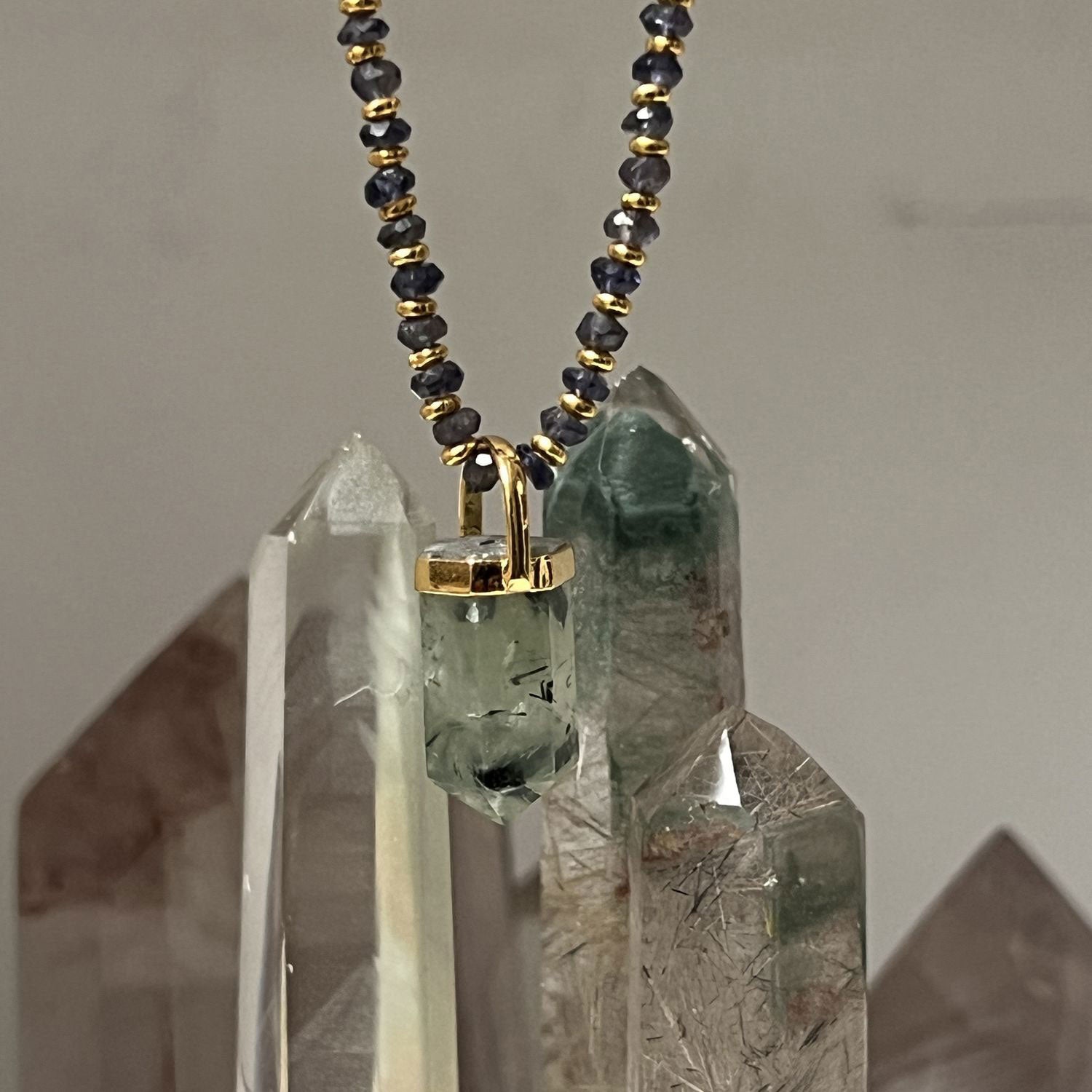 Prehnite Point Pendant on Vermeil Iolite Chain