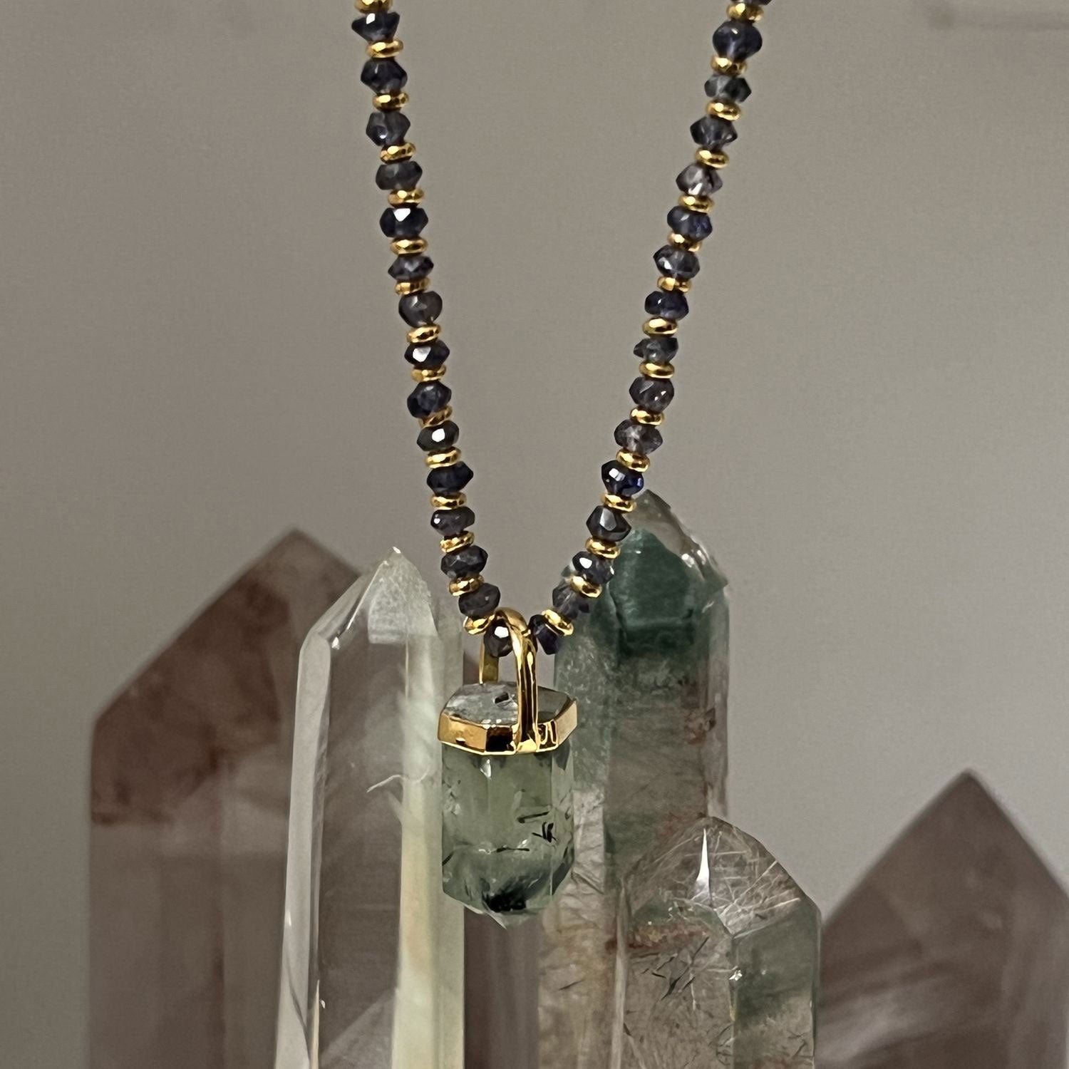 Prehnite Point Pendant on Vermeil Iolite Chain