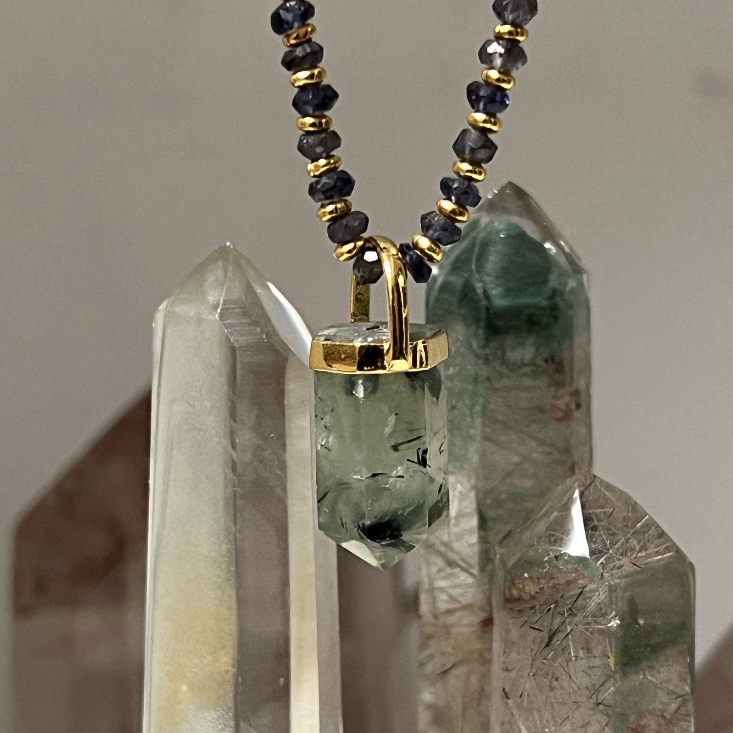 Prehnite Point Pendant on Vermeil Iolite Chain