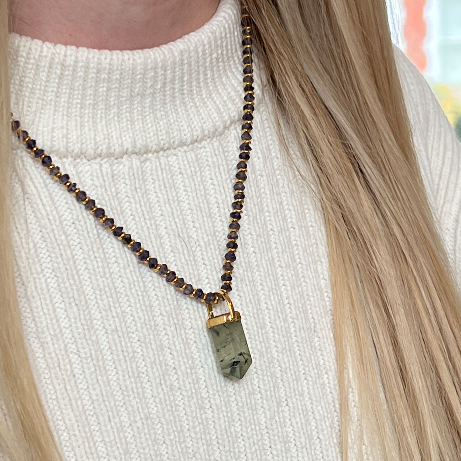 Prehnite Point Pendant on Vermeil Iolite Chain