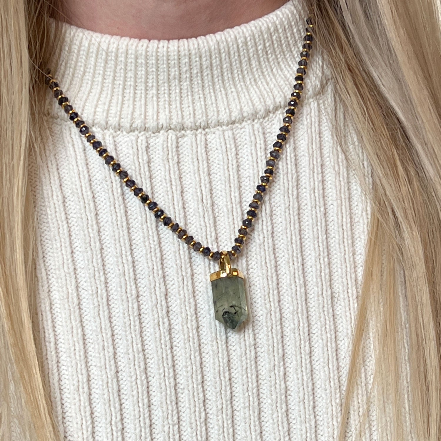 Prehnite Point Pendant on Vermeil Iolite Chain