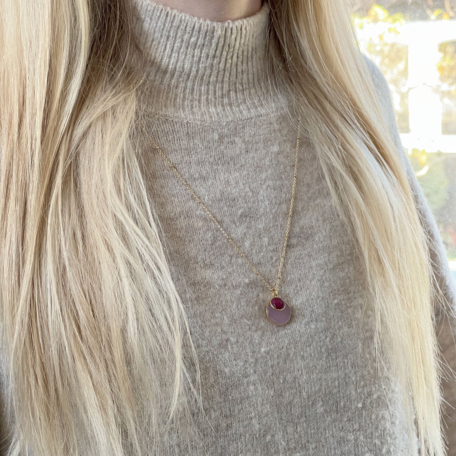 Duo Pink Ruby Pendant on Long Satellite Chain