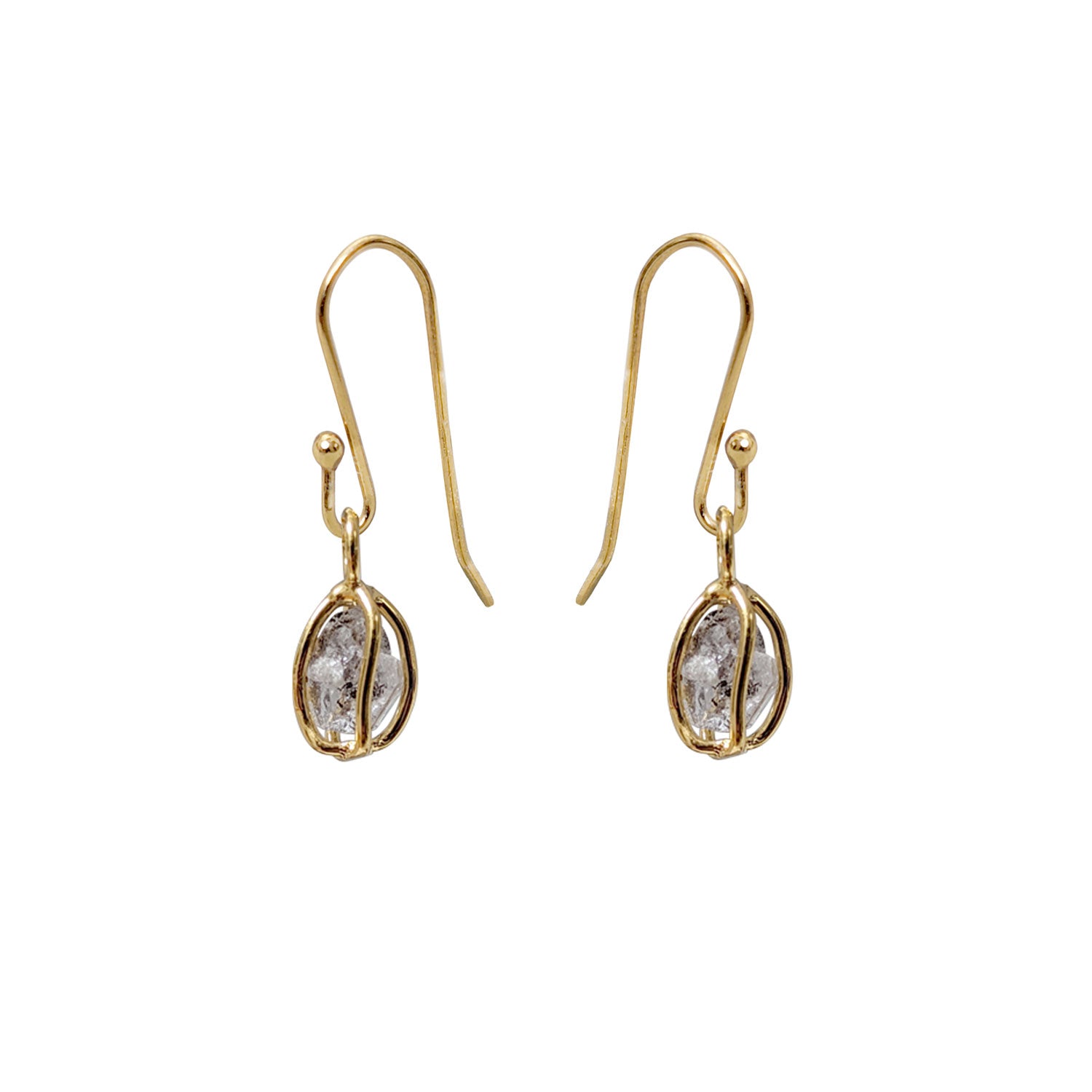 A pair of gold-plated earrings featuring Herkimer Diamond crystals encapsulated in a cage.