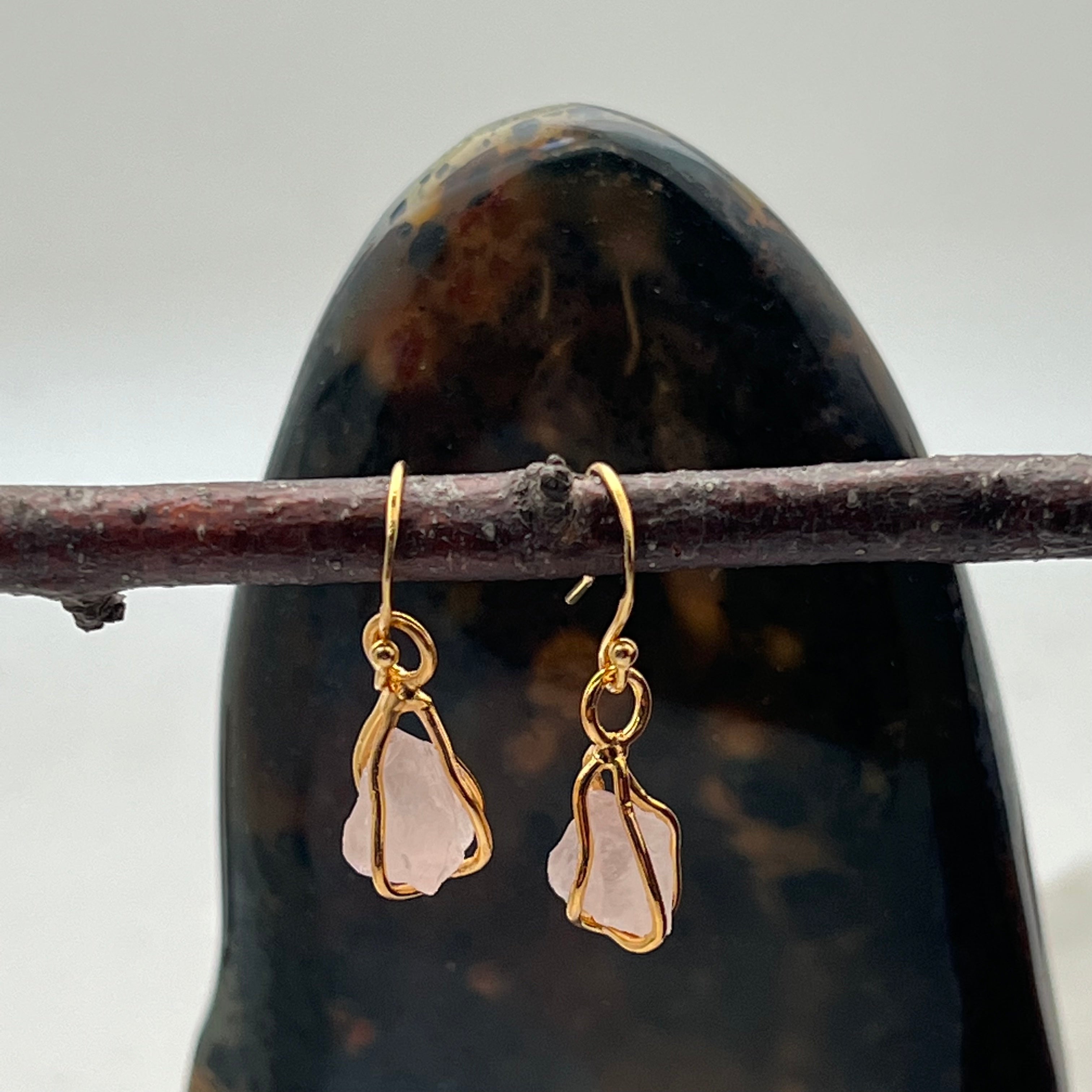 Rose Quartz Raw in Cage Earrings