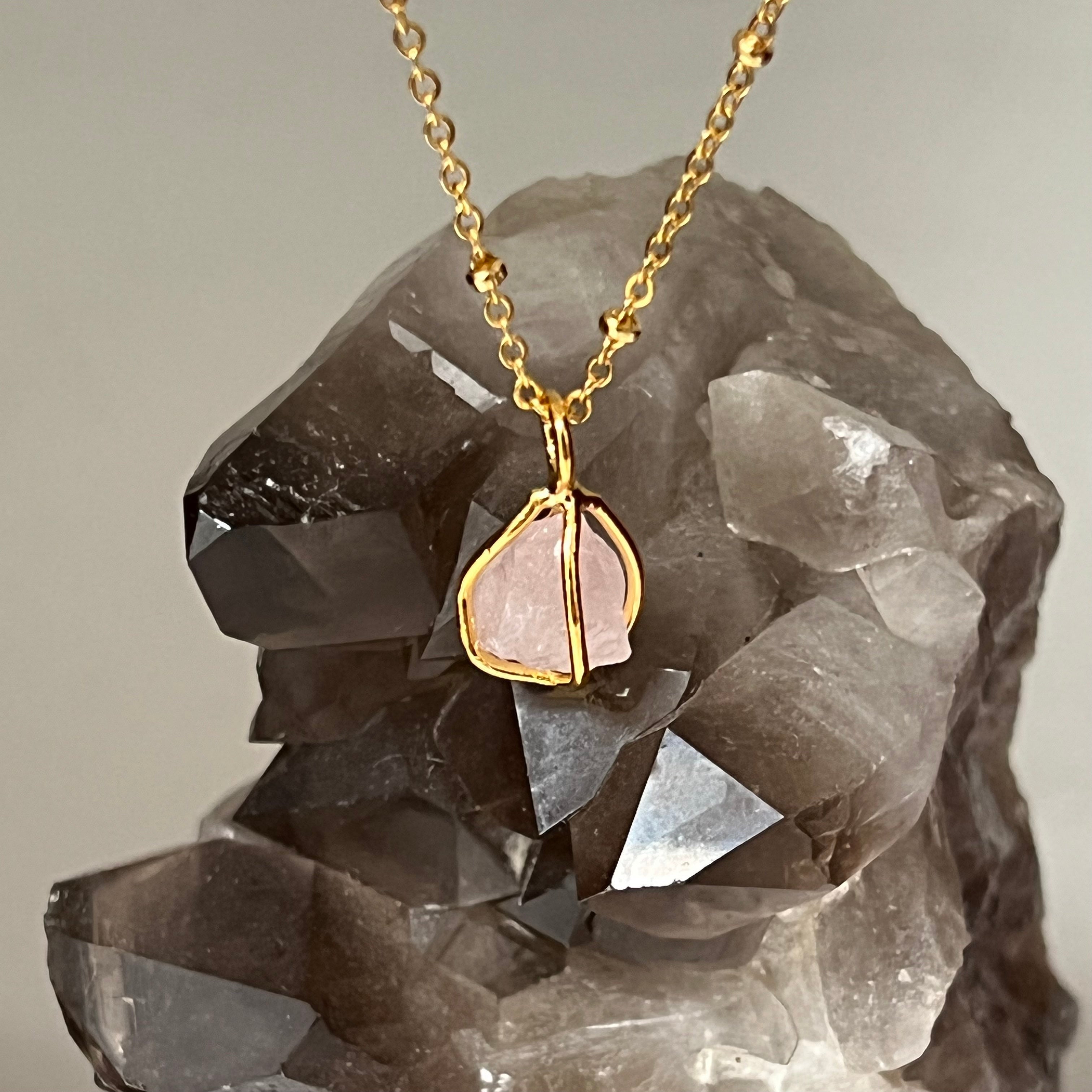 Raw Rose Quartz in Cage Pendant on short Satellite Chain