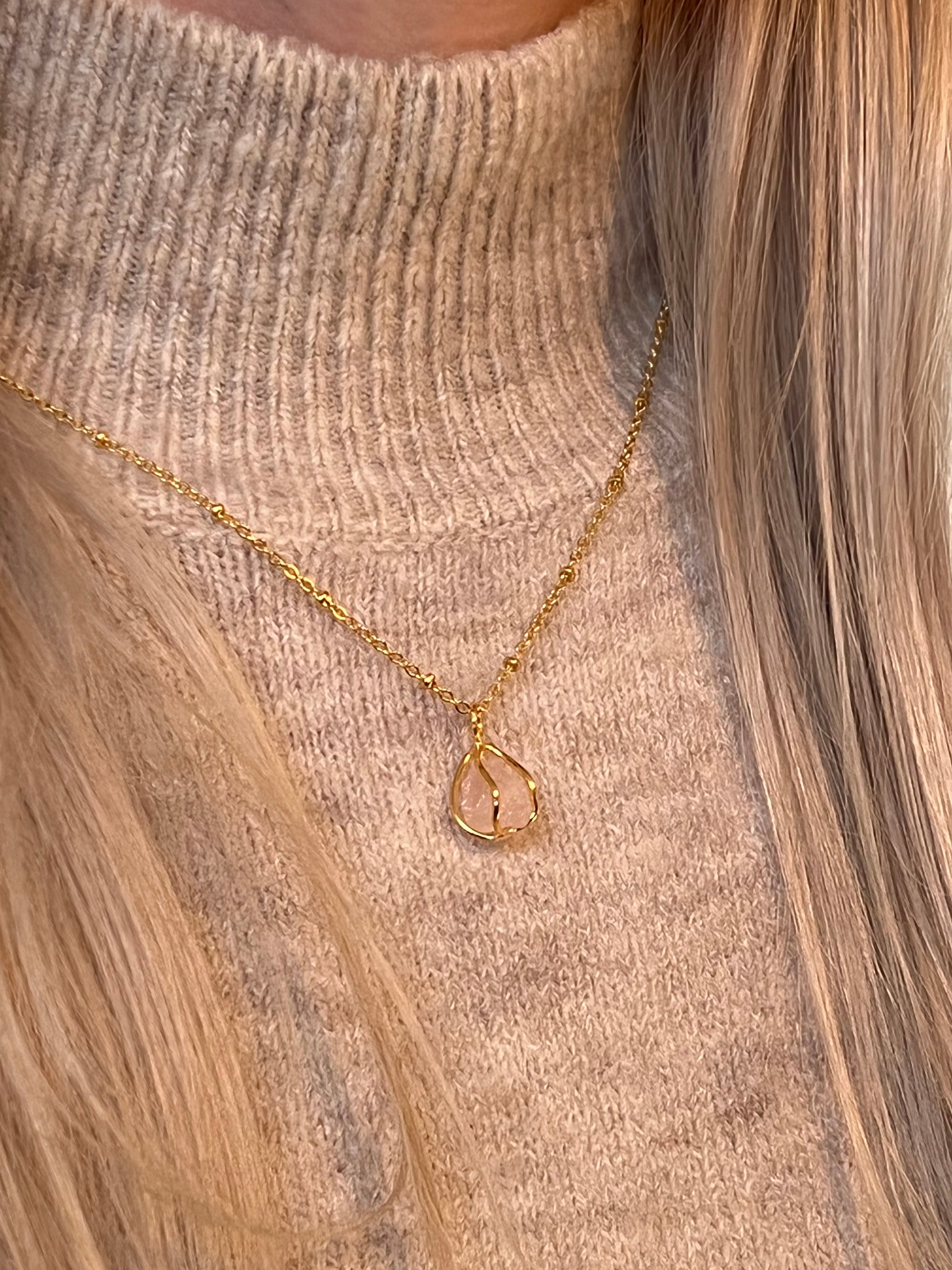 Raw Rose Quartz in Cage Pendant on short Satellite Chain