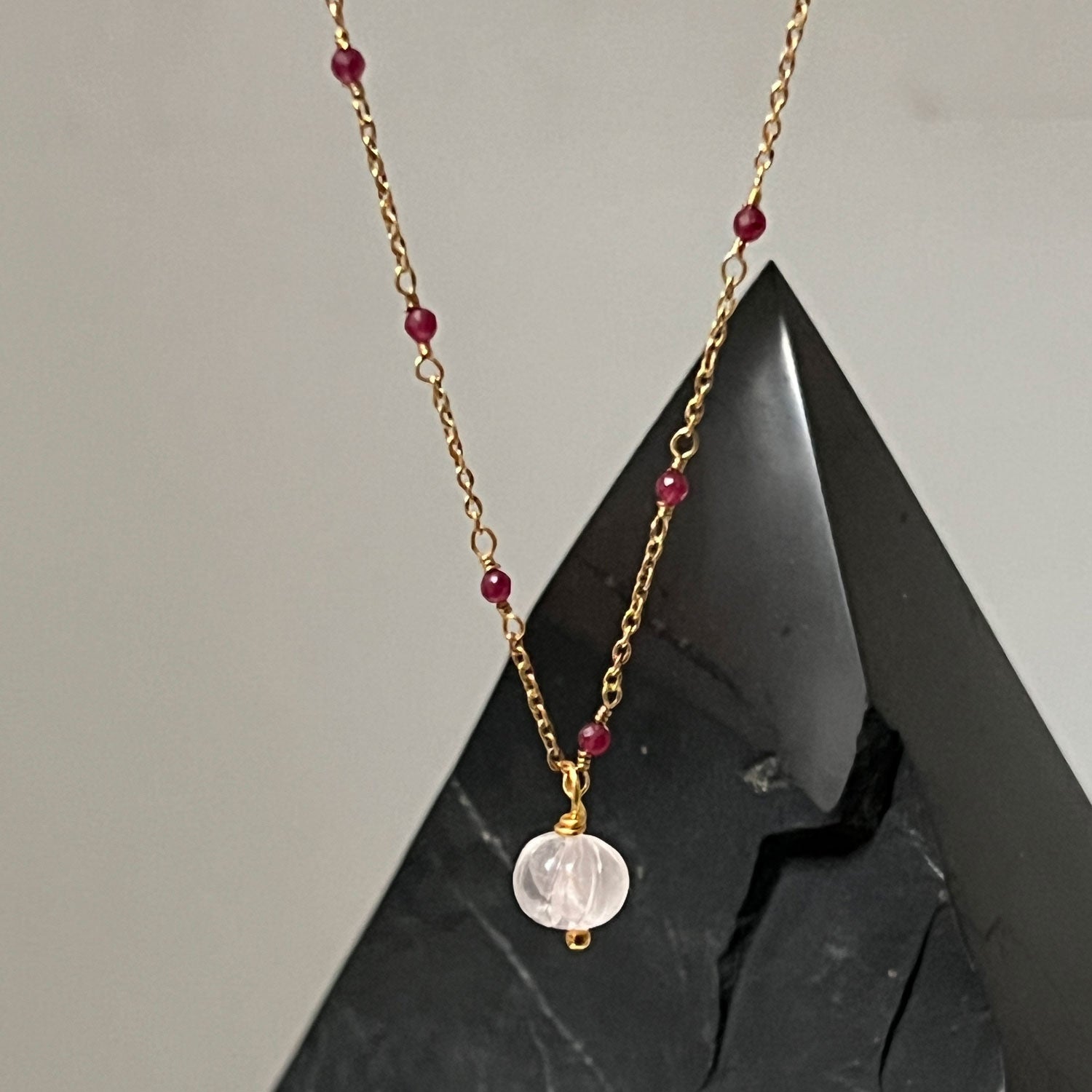 Fancy Ruby Rosary short with Carved Rose QuartzPendant