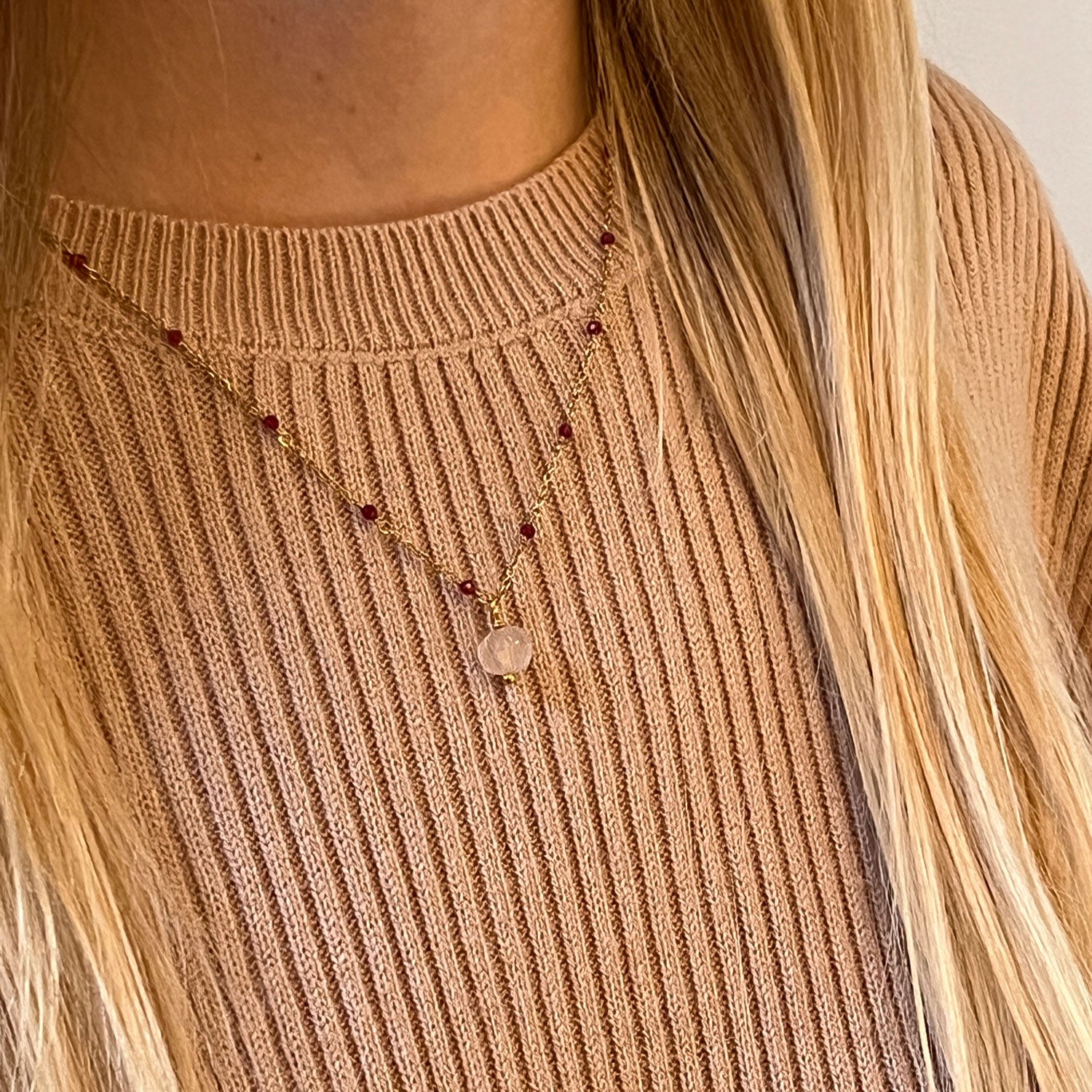 Fancy Ruby Rosary short with  Carved Rose QuartzPendant