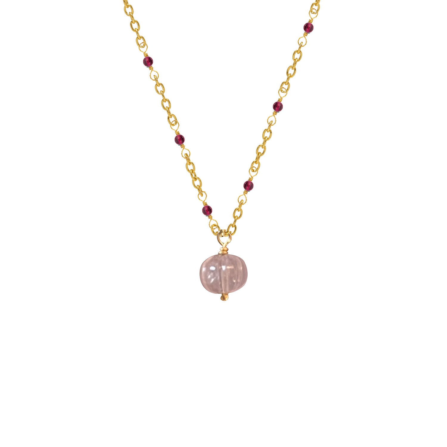 Fancy Ruby Rosary short with  Carved Rose QuartzPendant