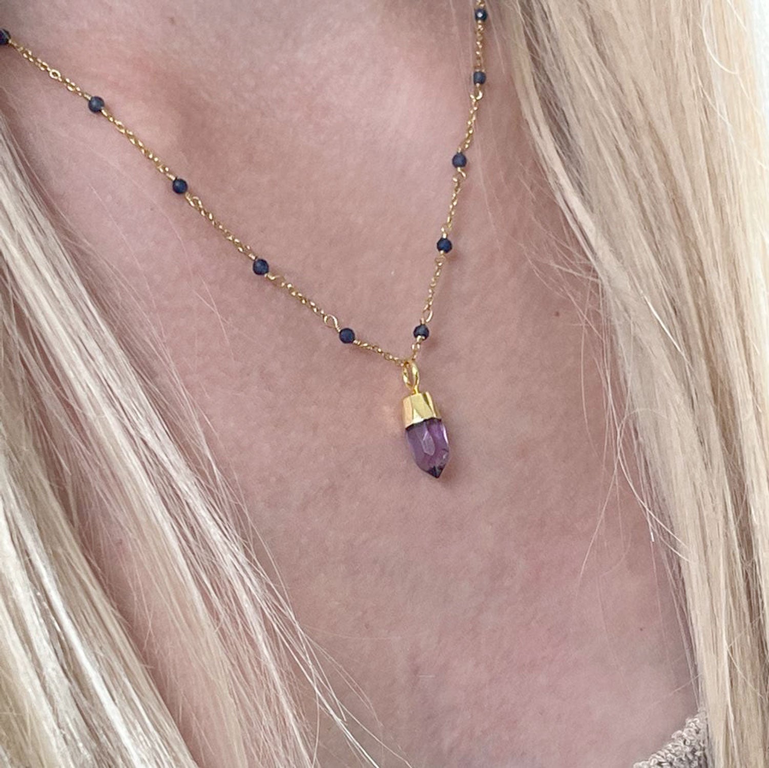 Fancy sapphire rosary with Amethyst Mini Point pendant