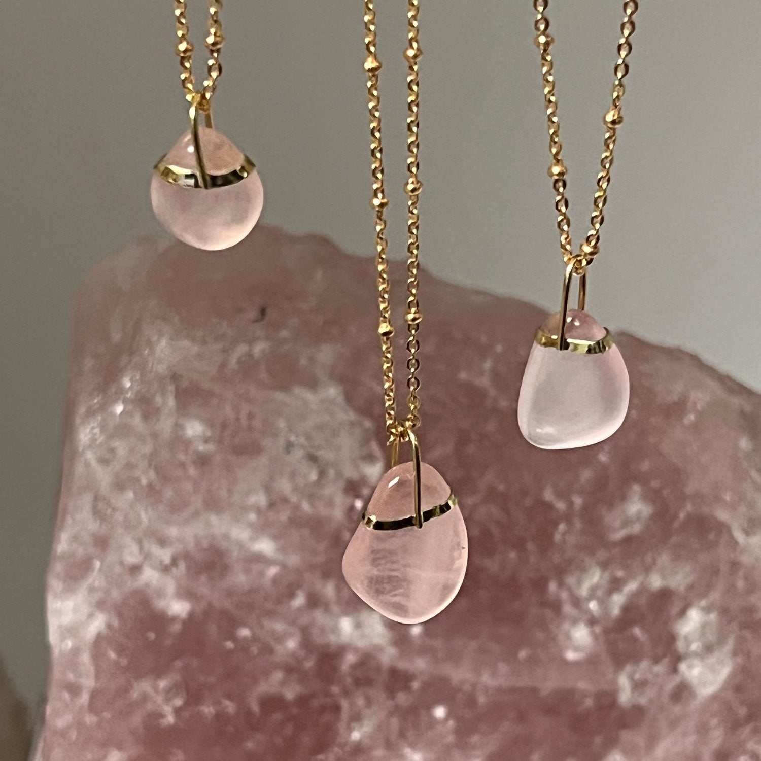 Freeform Rose Quartz Bridge set on Long Satellite Chain