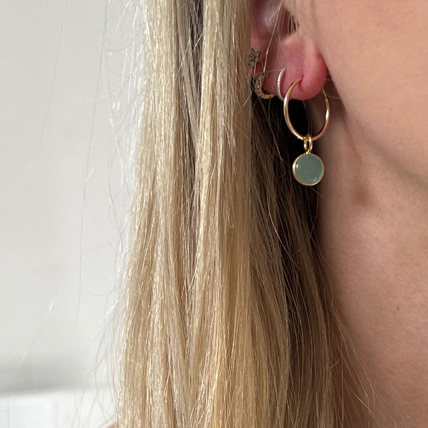 Aqua Chalcedony Gold Creole Hoop Earrings worn with other earrings