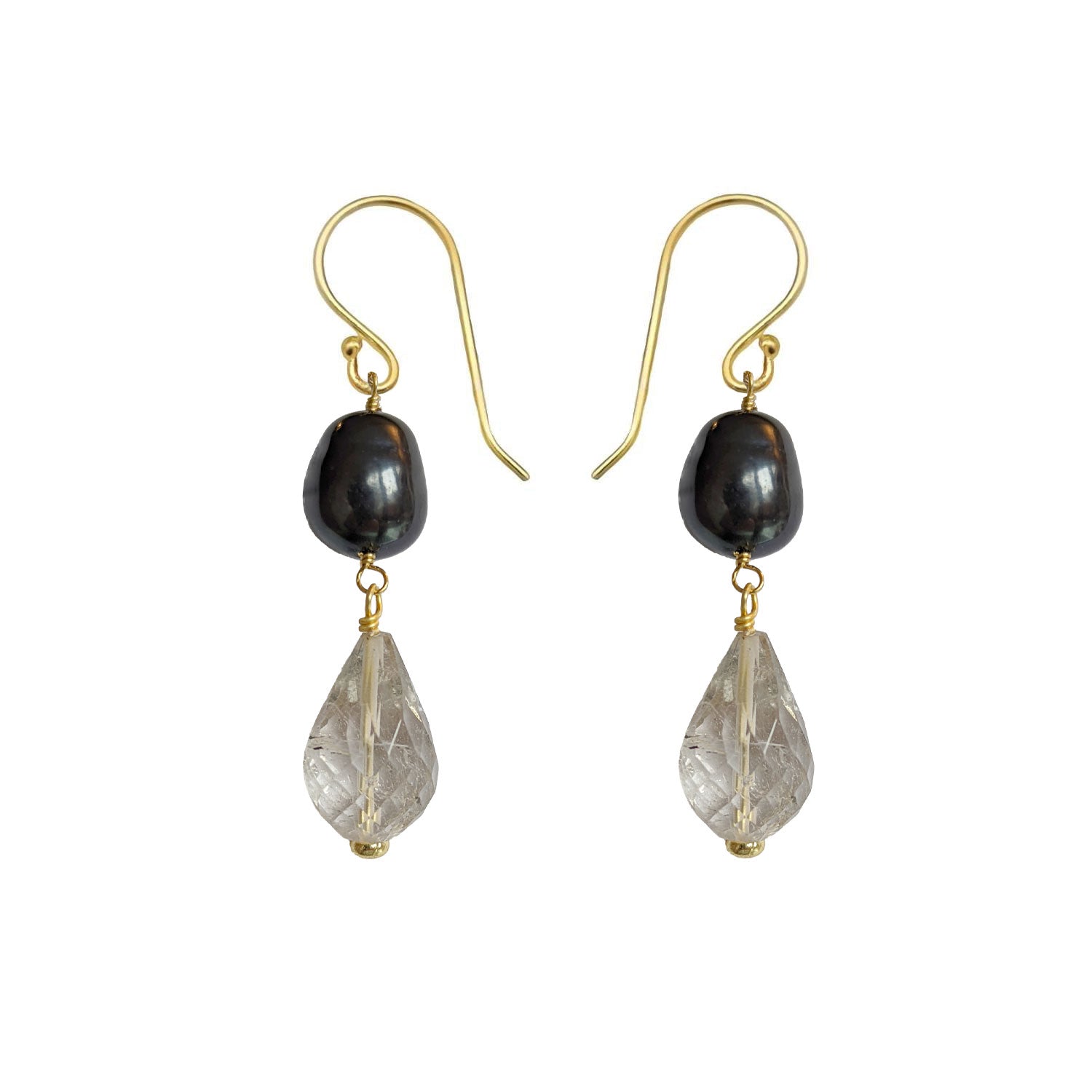 Unique Rutilated Quartz and Black Pearl earrings