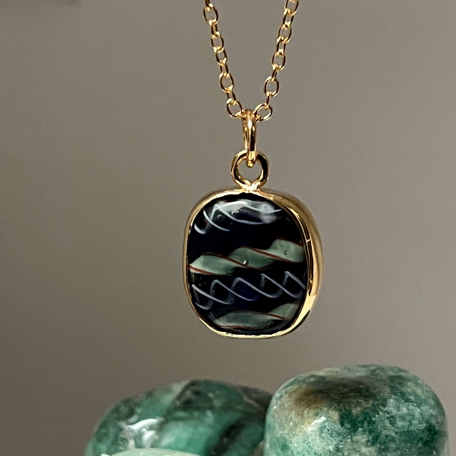 Fairtrade Bezeled Pendant Blue Glass on Simple Chain