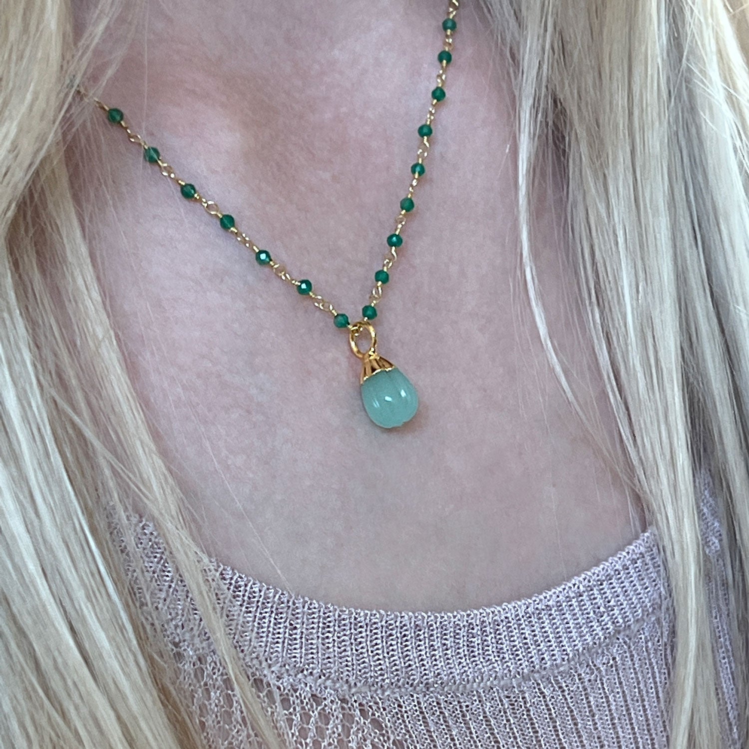 Green Onyx Rosary with Eva Aqua Chalcedony Pendant
