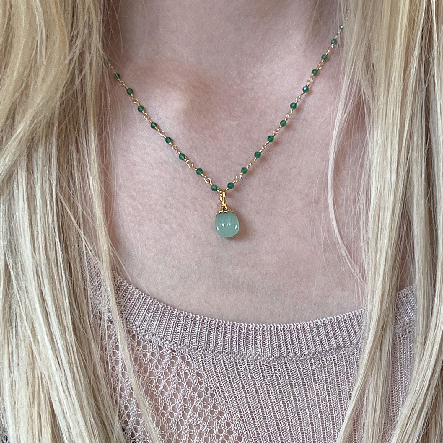 Green Onyx Rosary with Eva Aqua Chalcedony Pendant
