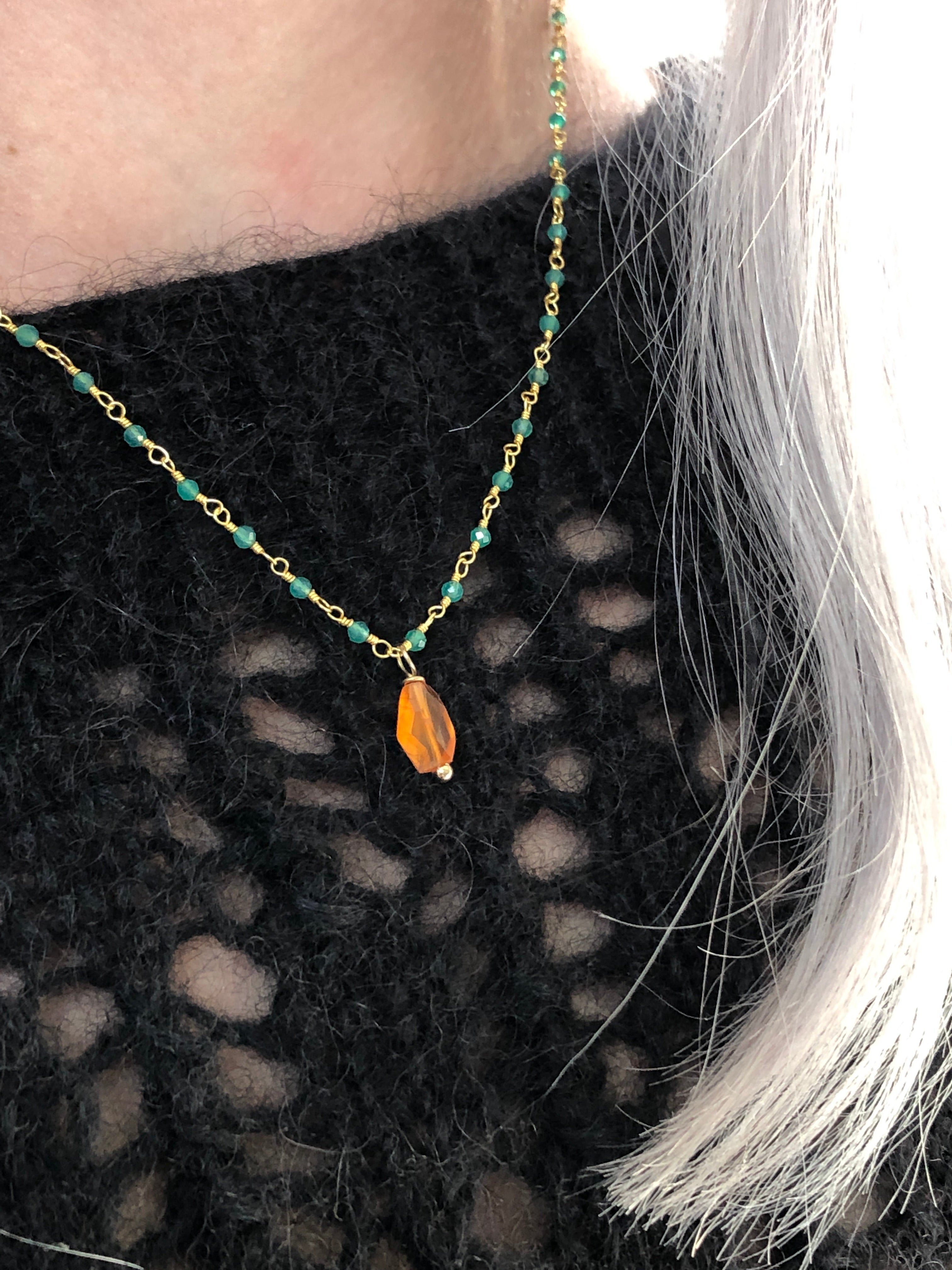 Green Onyx Rosary with Facetted Carnelian Pendant