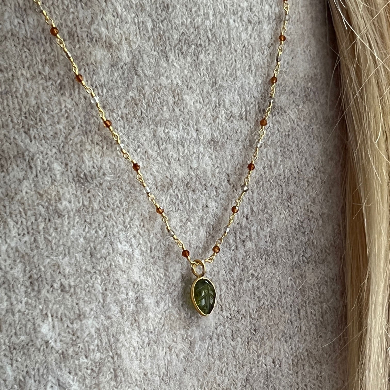 Citrine and Smokey Quartz rosary with carved peridot leaf pendant