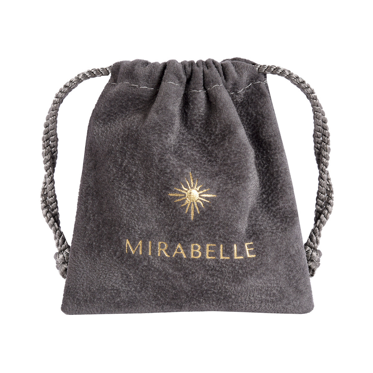 Grey jewellery bag with he Mirabelle logo and name in gold