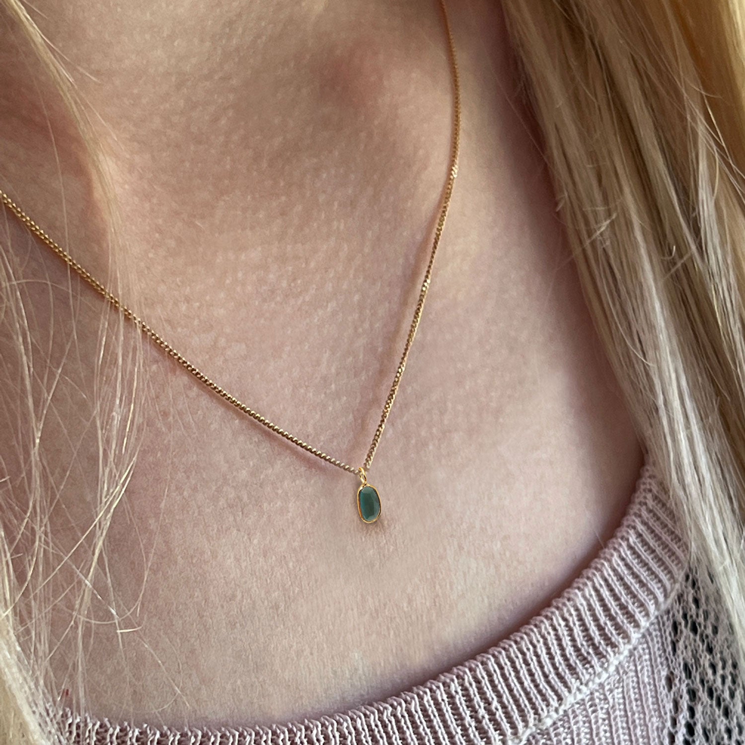 Tiny Vermeil Blue-Green Tourmaline Pendant on a 9k Gold Chain