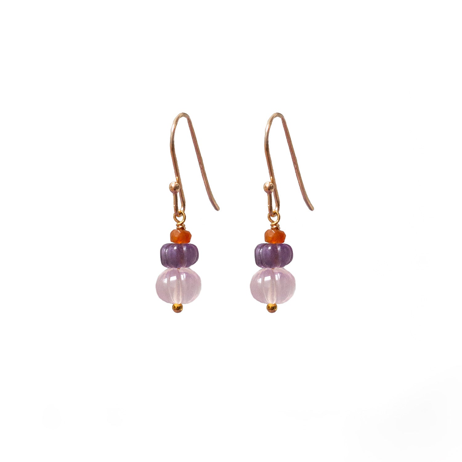 Handcrafted drop earrings featuring semi precious stones in a crystal art arrangement with gold hooks and layered beads in pink, purple and orange hues